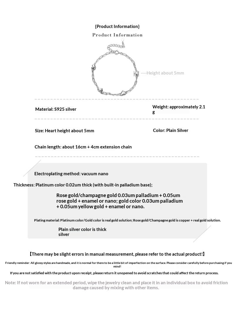S925 Sterling Silver 3D Heart Bracelet For Women Geometric Jewelry