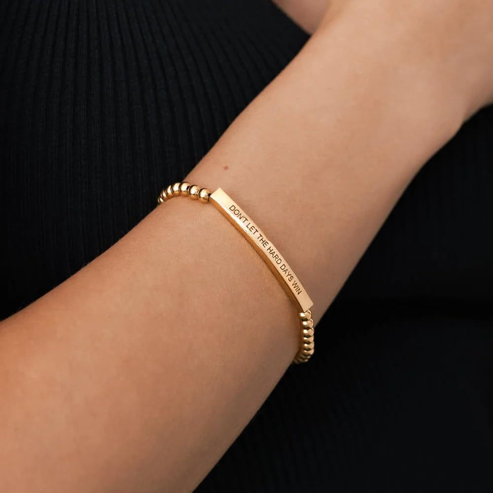 Stainless Steel Mens And Womens Elbow-Style Chain Bracelet With Engraved Gold Beads