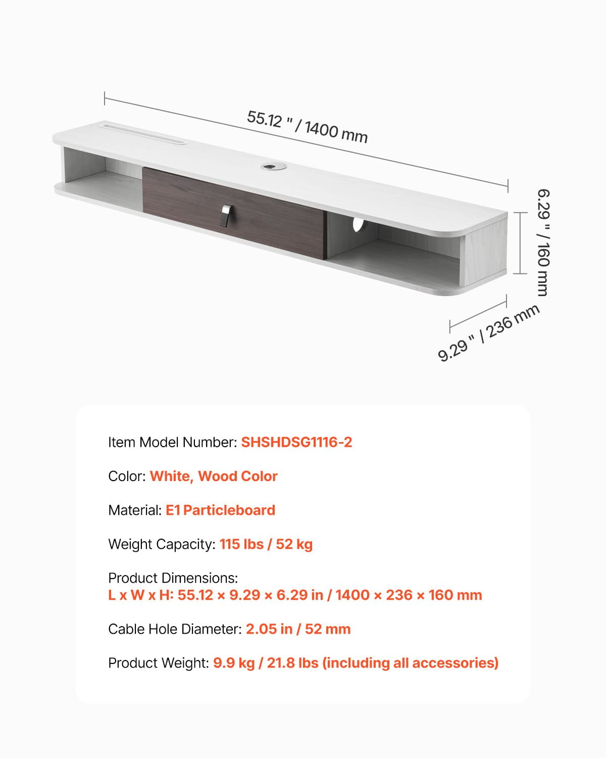 TV Schrank Hängend Wandhalterung Fernsehschrank Mit Kabelloch Schwebendes TV-Regal Stauraum Für DVD-Player Kabelbox