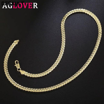 AGLOVER 925 Sterling Silver 20 Inch 18k Gold 6mm Full Sideways Chain Necklace For Women Man Fashion Jewelry Charm Gift