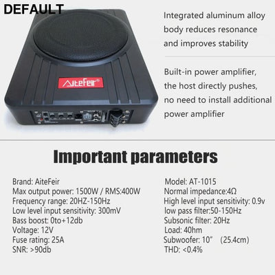AiteFeir 10inch 1500W Universal Car Audio Active Subwoofer Speaker Maximum Power Square Ultra-Thin Auto Subwoofers &