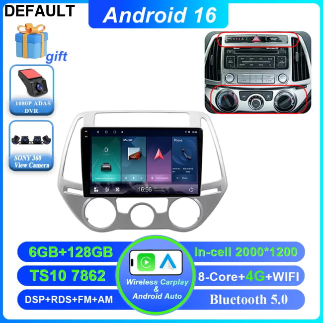 Android 16 Car DVD For Hyundai I20 2010 2012 2013 2014 Auto 6-128G 360 2K 4G