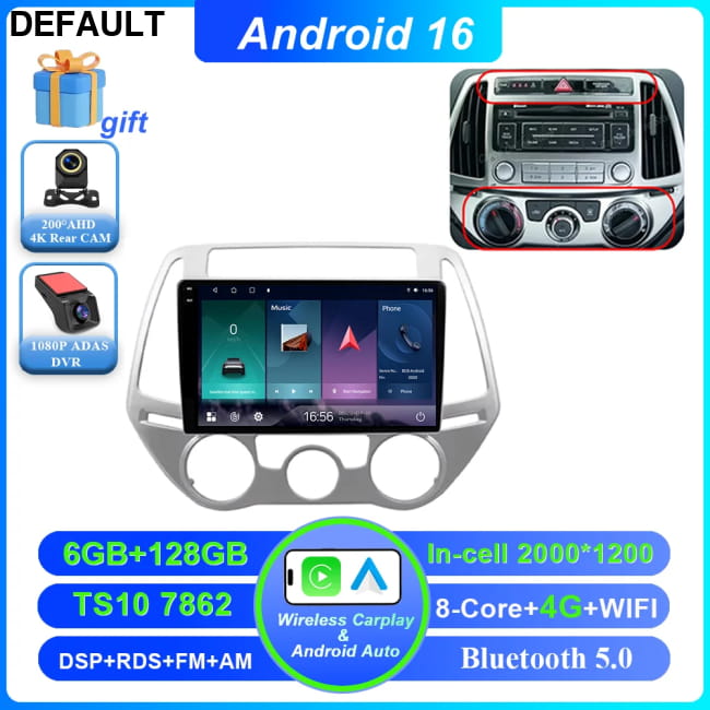 Android 16 Car DVD For Hyundai I20 2010 2012 2013 2014 Auto 6-128G DVR 2K 4G