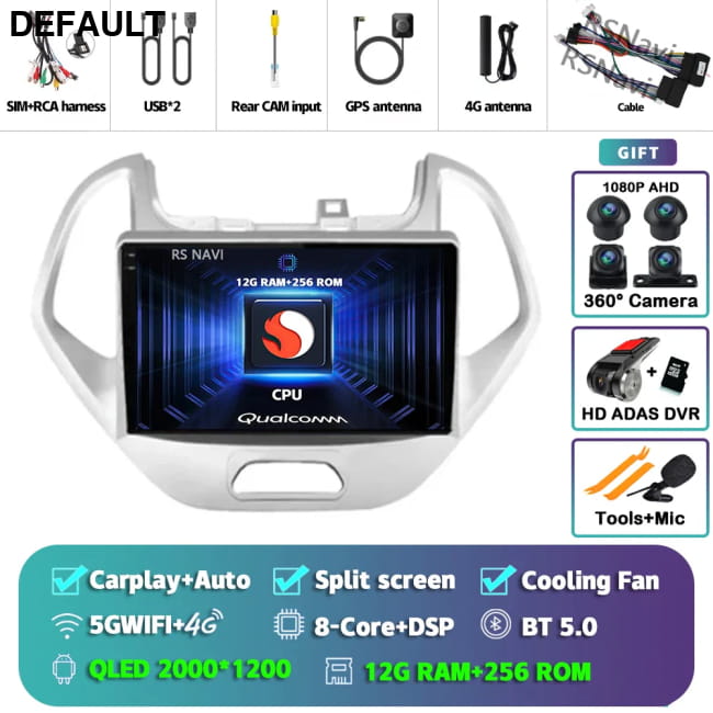 Android 16 Carplay Auto Car Radio For Ford FIGO KA 2K 12G-256G 360 DVR Audio Receiver Components