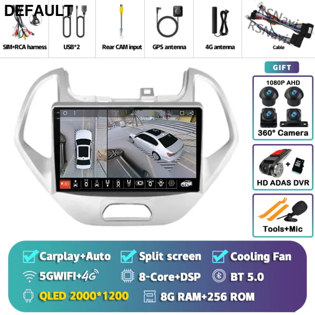 Android 16 Carplay Auto Car Radio For Ford FIGO KA 2K 8G-256G 360 DVR Audio Receiver Components