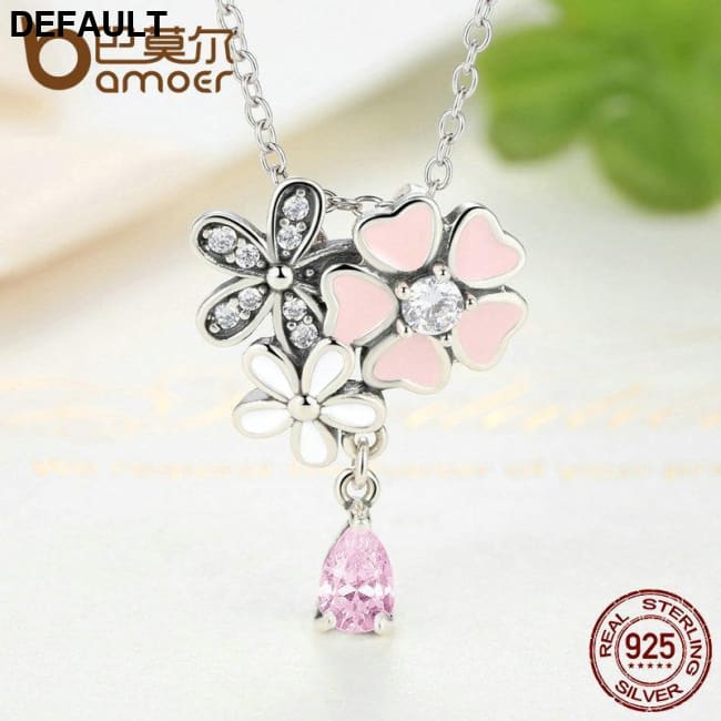 BAMOER 925 Sterling Silver Pink Heart Blossom Cherry Flower 45CM Pendants Necklaces SCN046