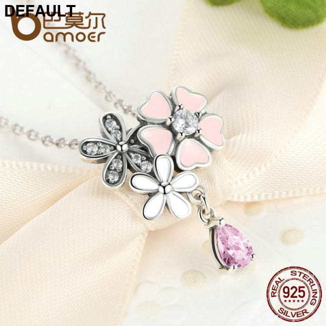 BAMOER 925 Sterling Silver Pink Heart Blossom Cherry Flower Necklaces