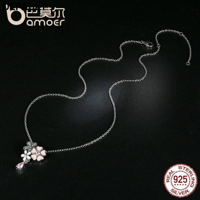 BAMOER 925 Sterling Silver Pink Heart Blossom Cherry Flower Necklaces