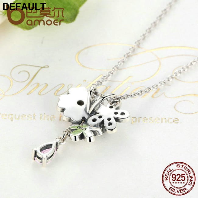 BAMOER 925 Sterling Silver Pink Heart Blossom Cherry Flower Necklaces