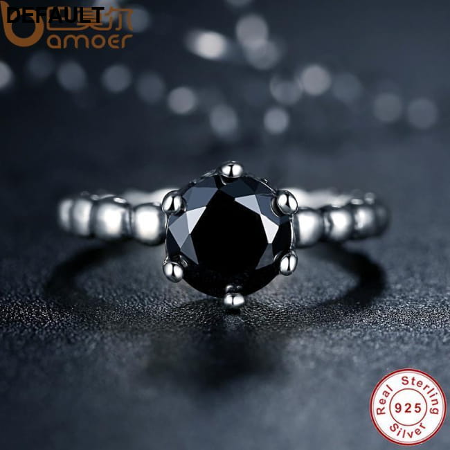 BAMOER 925 Sterling Silver Ring with Black Cubic Zirconia size 7 Rings