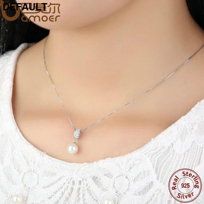 BAMOER 925 Sterling Silver Simulated Pearl Pendant Necklace Long Chain SCN030 Sets Necklaces