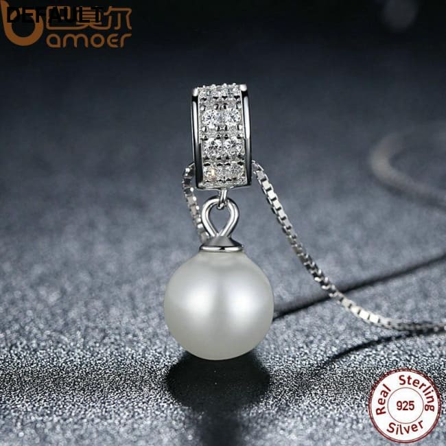 BAMOER 925 Sterling Silver Simulated Pearl Pendant Necklace Long Chain SCN030 Sets Necklaces