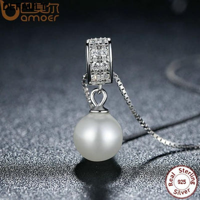 BAMOER 925 Sterling Silver Simulated Pearl Pendant Necklace Long Chain SCN030 Sets Necklaces