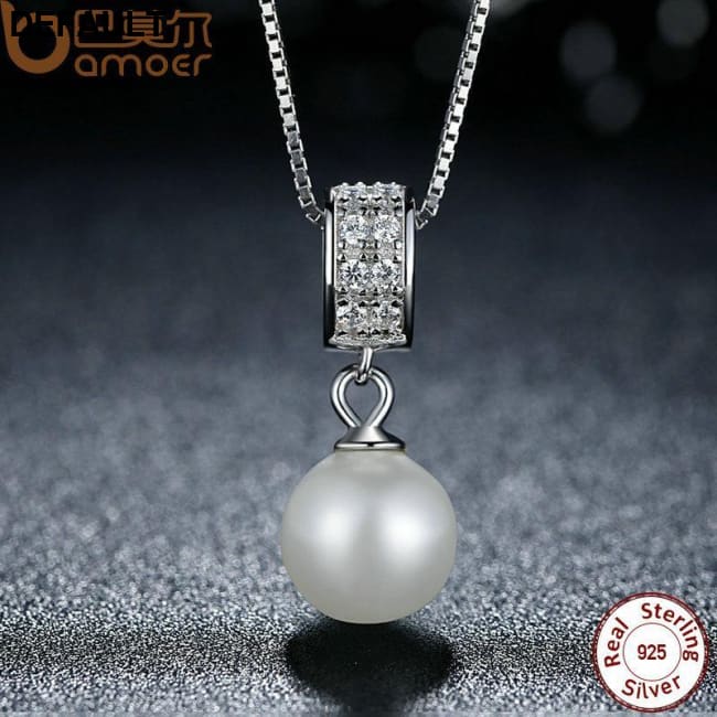 BAMOER 925 Sterling Silver Simulated Pearl Pendant Necklace Long Chain SCN030 Sets Necklaces