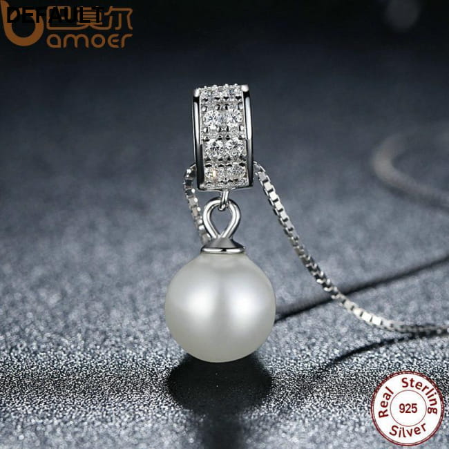 BAMOER 925 Sterling Silver Simulated Pearl Pendant Necklace Sets Necklaces