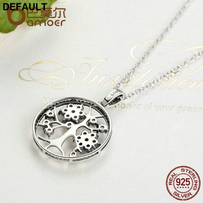 BAMOER 925 Sterling Silver Tree of Life Round Pendant Necklaces