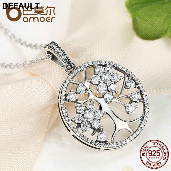 BAMOER 925 Sterling Silver Tree of Life Round Pendant Necklaces