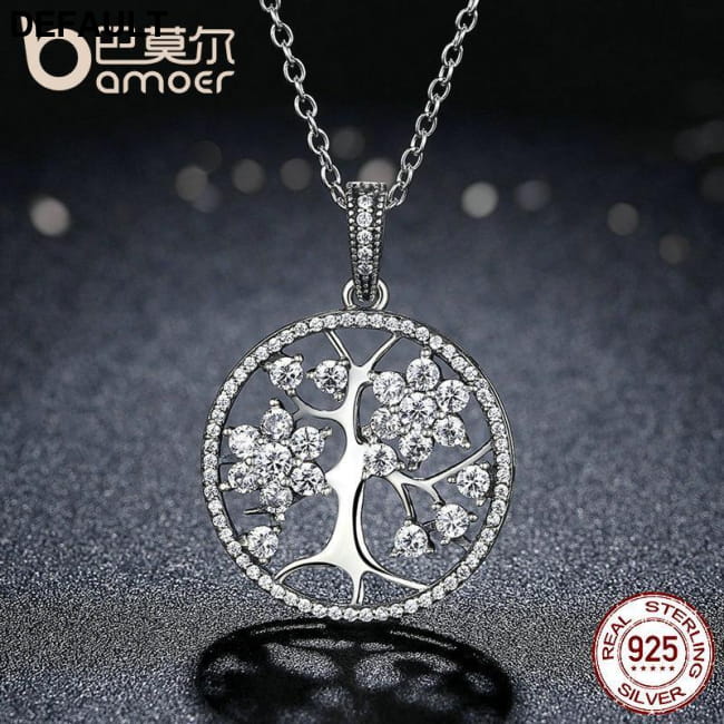 BAMOER 925 Sterling Silver Tree of Life Round Pendant Necklaces