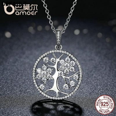BAMOER 925 Sterling Silver Tree of Life Round Pendant Necklaces PSN013