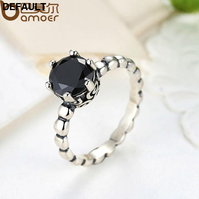 BAMOER Finger Ring with Black Cubic Zirconia Wedding Sterling Silver Rings