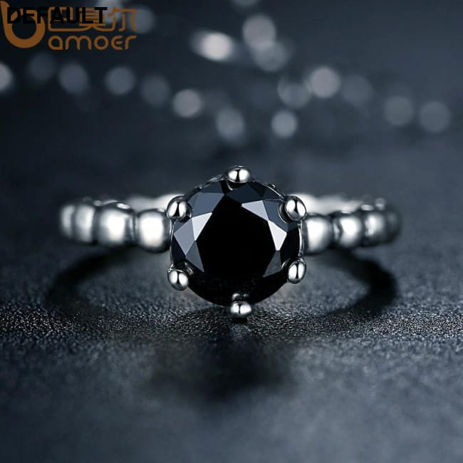 BAMOER Finger Ring with Black Cubic Zirconia Wedding Sterling Silver Rings