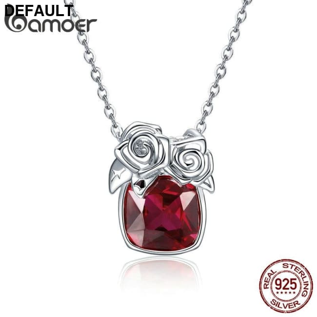 BAMOER Romantic 925 Sterling Silver Rose Flower Pendant Necklaces for Women Valentine Gift Red CZ Jewelry BSN003