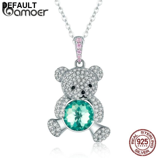 BAMOER Trendy 925 Sterling Silver Pendant Crystal Cute Bear Green CZ Necklaces for Women Necklace Jewelry Gift SCN265