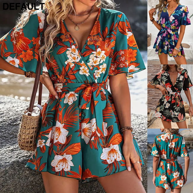 Beach Vacation Ruffle Sleeve Short Culottes Printed Jumpsuit Jumpsuits & Rompers One-Pieces