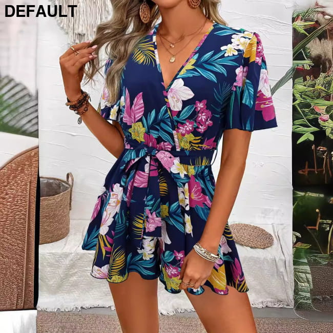 Beach Vacation Ruffle Sleeve Short Culottes Printed Jumpsuit Jumpsuits & Rompers One-Pieces