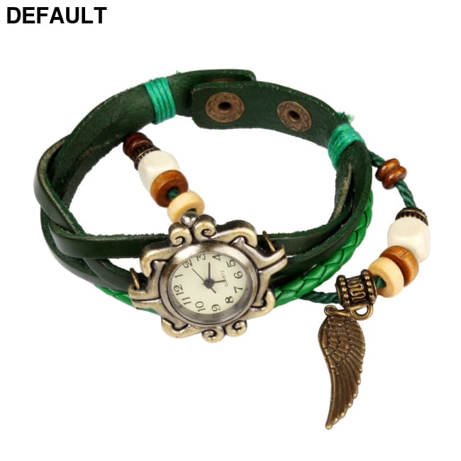 Beautiful Bohemian Style Retro Handmade Leather Angel Wing Women’s Watches Green Women