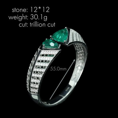 Bellux Design 925 Sterling Silver Gold-plated Bracelet High Carbon Diamond Synthetic Emerald Art Fashion Bangle green