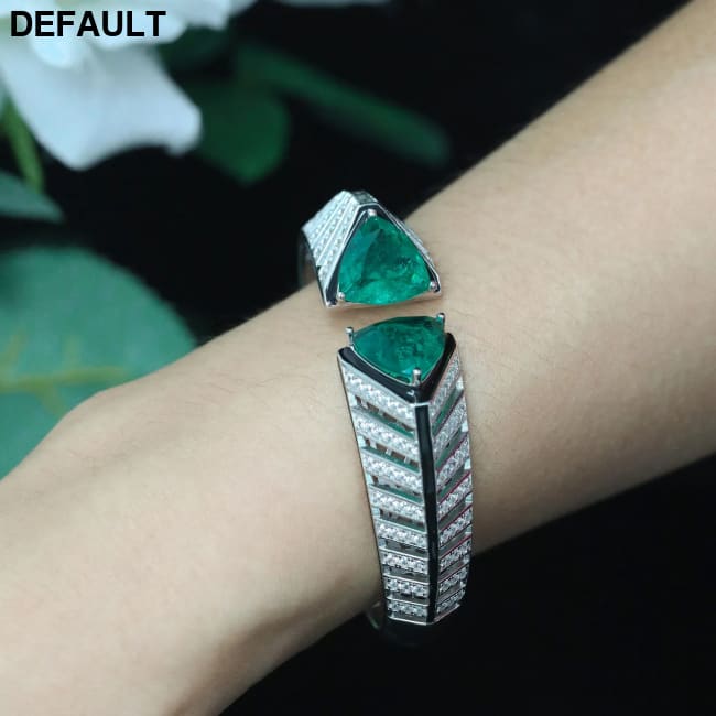 Bellux Design 925 Sterling Silver Gold-plated Bracelet High Carbon Diamond Synthetic Emerald Art Fashion Bangle green