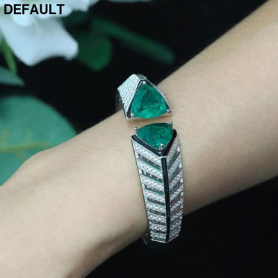 Bellux Design 925 Sterling Silver Gold-plated Bracelet High Carbon Diamond Synthetic Emerald Art Fashion Bangle green