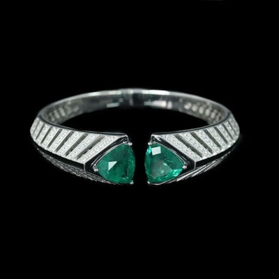 Bellux Design 925 Sterling Silver Gold-plated Bracelet High Carbon Diamond Synthetic Emerald Art Fashion Bangle green