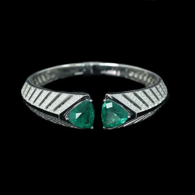 Bellux Design 925 Sterling Silver Gold-plated Bracelet High Carbon Diamond Synthetic Emerald Art Fashion Bangle green