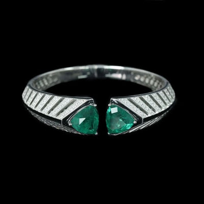 Bellux Design 925 Sterling Silver Gold-plated Bracelet High Carbon Diamond Synthetic Emerald Art Fashion Bangle green