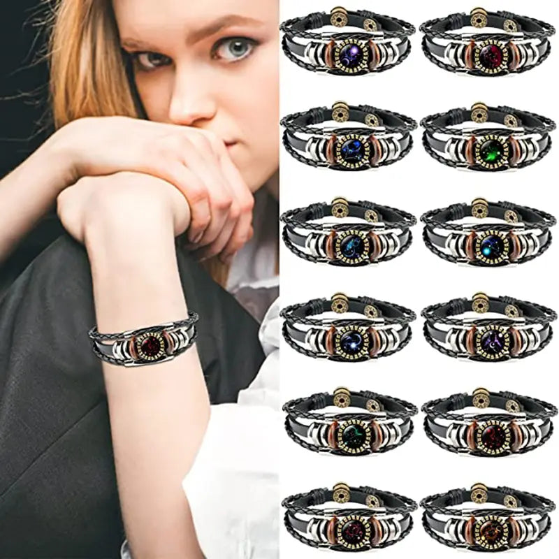 Zodiac Sign Bracelets For Women Men 12 Constellation Beaded Hand Woven PU Leather