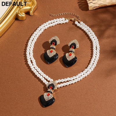Bride Wedding Jewelry Set Elegant Enamel Rhinestone Love Imitation Pearl Beaded Necklace and Earrings Women’s Party