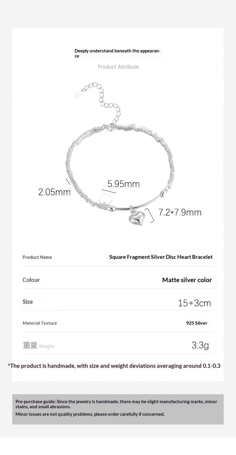 S925 Sterling Silver Square Charm Bracelet With Round Discs And Heart Pendants