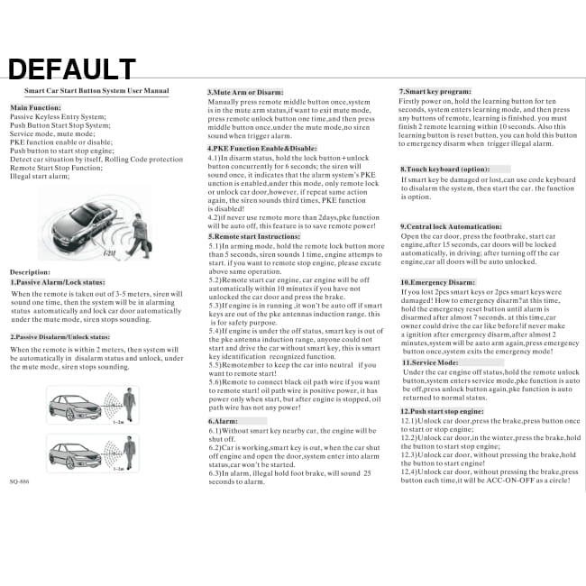 Car Alarm Remote Control PKE Keyless Entry Engine Start Starter Vehicle Systems