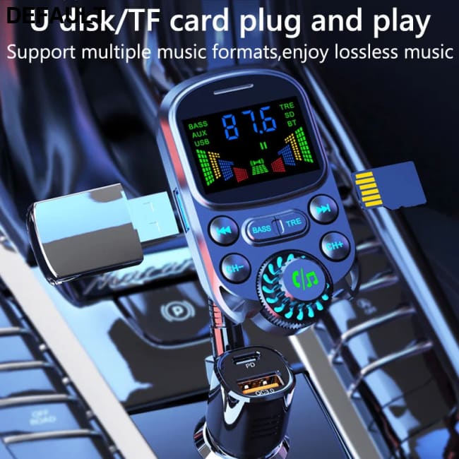 Car FM Transmitter Wireless Handsfree Kit Bass 3.5mm AUX Audio Receiver QC3.0 PD 30W Fast Charging Mp3 Player Black