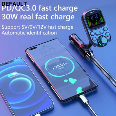 Car FM Transmitter Wireless Handsfree Kit Bass 3.5mm AUX Audio Receiver QC3.0 PD 30W Fast Charging Mp3 Player Black