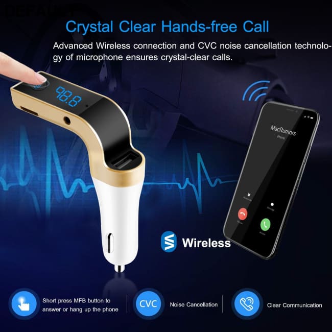Car Wireless FM Transmitter USB Charger Hands-free Call MP3 Player MMC Card Reading Aux-in LCD Display Gold Bluetooth