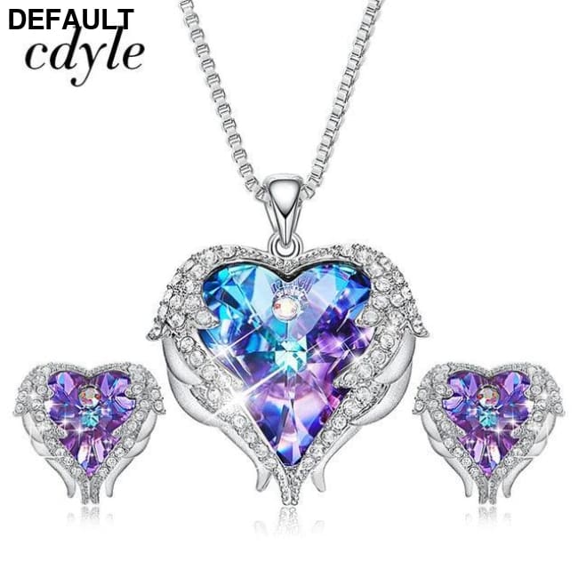 Cdyle Crystals from Swarovski Angel Wings Necklaces Earrings Purple Blue Crystal Heart Pendant Jewelry Set For Women