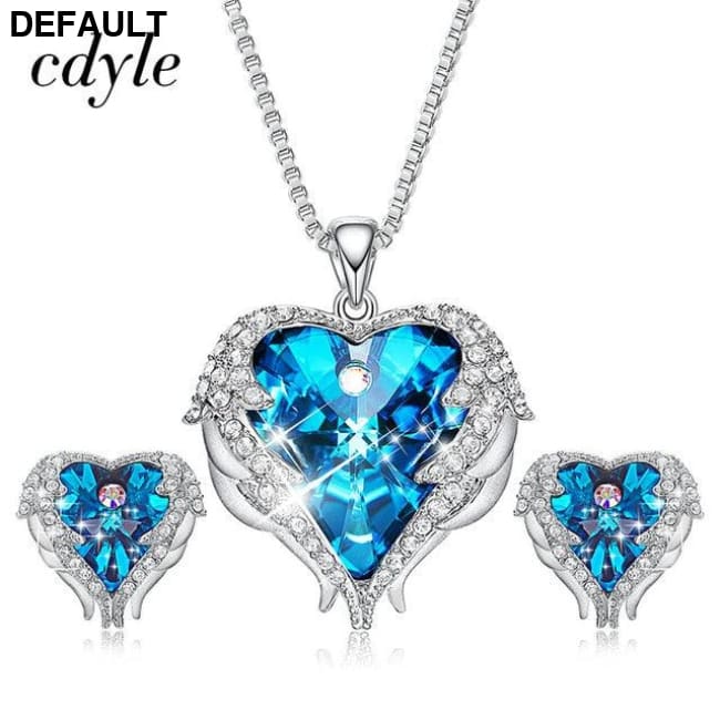 Cdyle Crystals from Swarovski Angel Wings Necklaces Earrings Purple Blue Crystal Heart Pendant Jewelry Set For Women