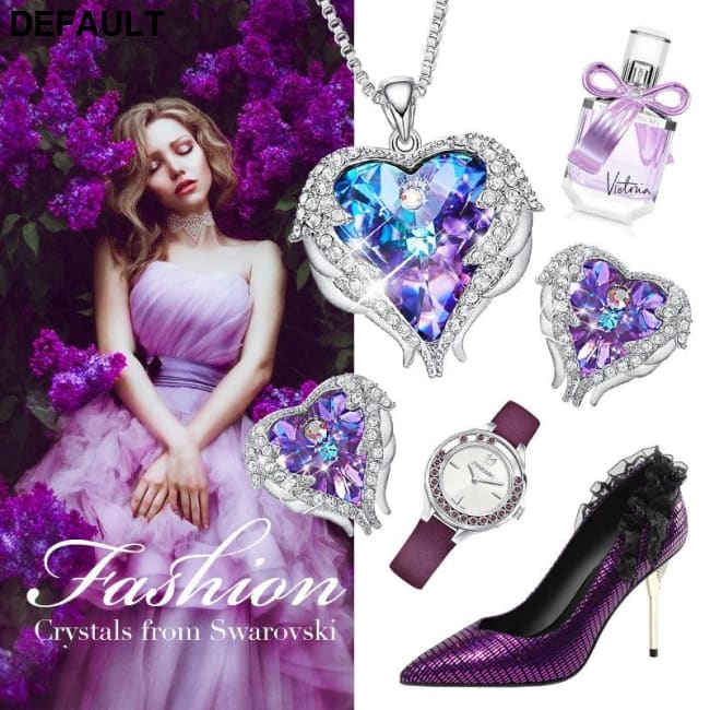 Cdyle Crystals from Swarovski Angel Wings Necklaces Earrings Purple Blue Crystal Heart Pendant Jewelry Set For Women