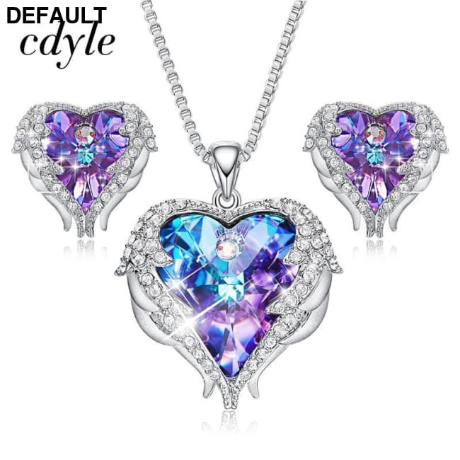 Cdyle Crystals from Swarovski Angel Wings Necklaces Earrings Purple Blue Crystal Heart Pendant Jewelry Set For Women