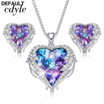 Cdyle Crystals from Swarovski Angel Wings Necklaces Earrings Purple Blue Crystal Heart Pendant Jewelry Set For Women
