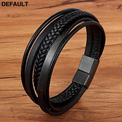 Classic Genuine Leather Bracelet For Men Hand Charm Jewelry Multilayer Magnet Handmade Gift Cool Boys Black / 19cm