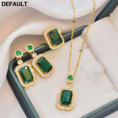 Classic Women’s Three-piece Jewelry Set Statement Emerald Ring Fashion Green Zircon Earring Necklace Wedding Sets